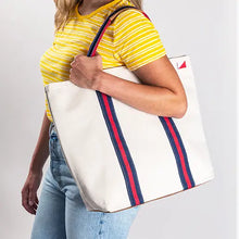 Load image into Gallery viewer, Society Tote Bag with Leather Navy + Red