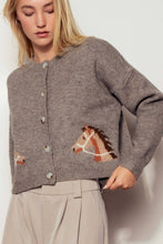 Load image into Gallery viewer, Western Horse Graphic Ribbed Trim Crew Neck Cardigan: GREY / S/M-3:M/L-3