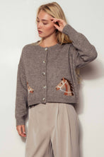 Load image into Gallery viewer, Western Horse Graphic Ribbed Trim Crew Neck Cardigan: GREY / S/M-3:M/L-3