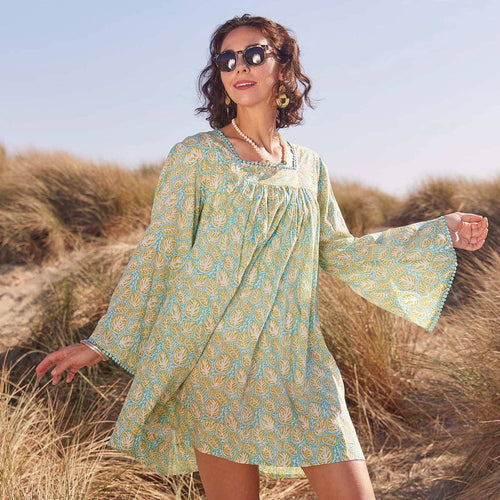 CORAL GARDEN OCEAN Dress with Bell Sleeve: L