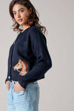 Load image into Gallery viewer, Western Horse Graphic Ribbed Trim Crew Neck Cardigan: GREY / S/M-3:M/L-3