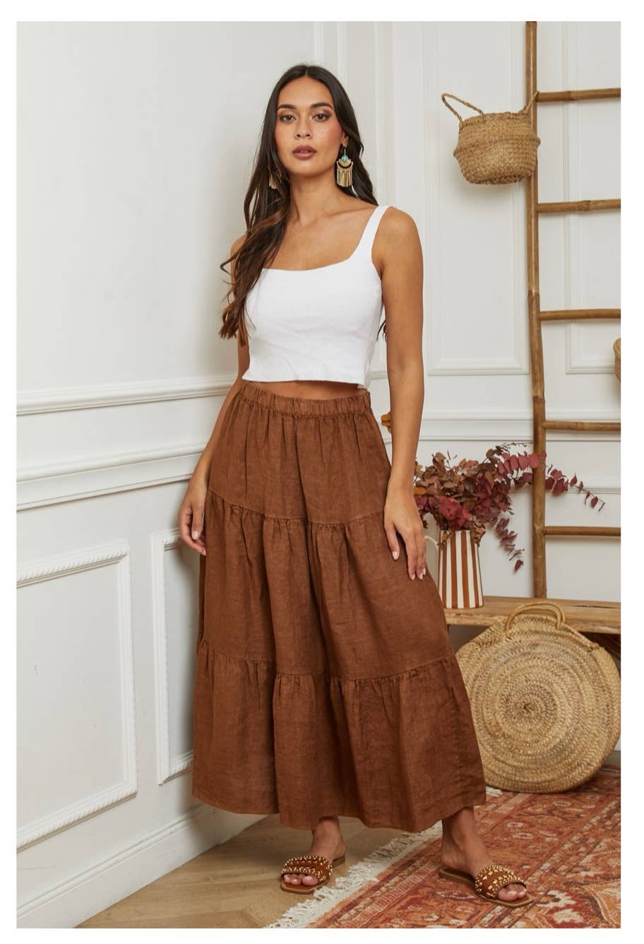 100% Linen Skirt REF. 8348: TOBACCO