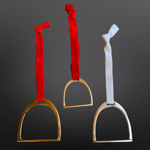 Load image into Gallery viewer, Equestrian Stirrup Iron Christmas Ornament : Gold/Red Ribbon