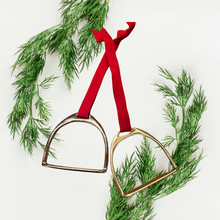 Load image into Gallery viewer, Equestrian Stirrup Iron Christmas Ornament : Gold/Red Ribbon
