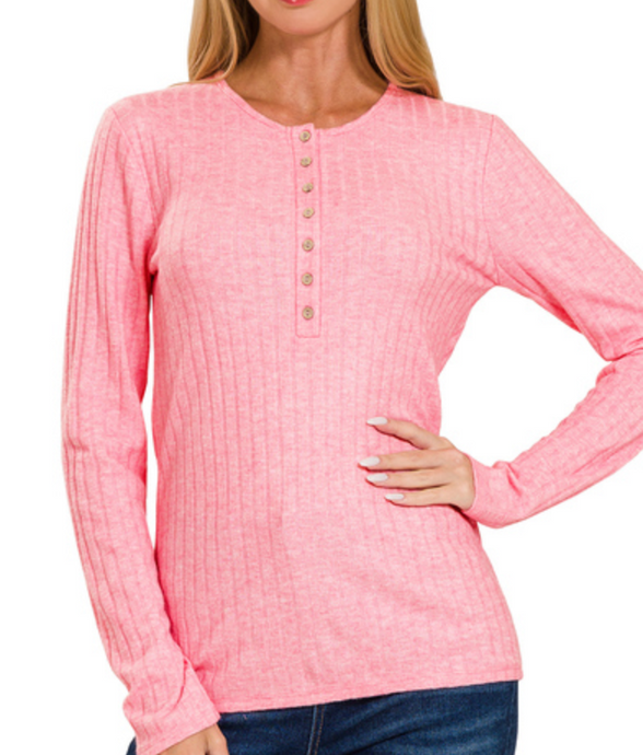 Pink Ribbed Button Down Long Sleeve