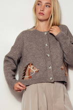 Load image into Gallery viewer, Western Horse Graphic Ribbed Trim Crew Neck Cardigan: GREY / S/M-3:M/L-3