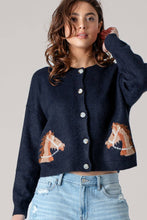 Load image into Gallery viewer, Western Horse Graphic Ribbed Trim Crew Neck Cardigan: GREY / S/M-3:M/L-3
