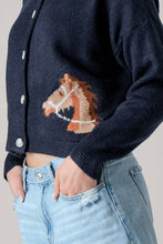 Load image into Gallery viewer, Western Horse Graphic Ribbed Trim Crew Neck Cardigan: GREY / S/M-3:M/L-3