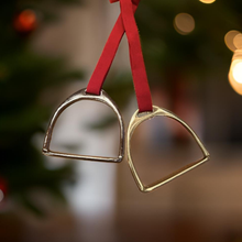 Load image into Gallery viewer, Equestrian Stirrup Iron Christmas Ornament : Gold/Red Ribbon