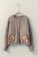 Load image into Gallery viewer, Western Horse Graphic Ribbed Trim Crew Neck Cardigan: GREY / S/M-3:M/L-3