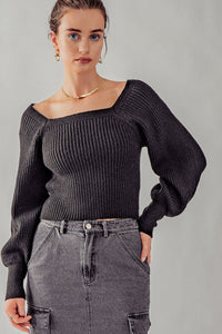 Black Ribbed Boat Neck Sweater