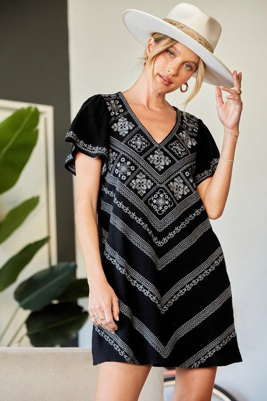 Black Embroidered Shift Dress