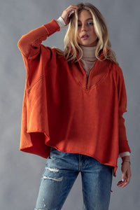 Ribbed Zip Up Dolman Tunic Rust