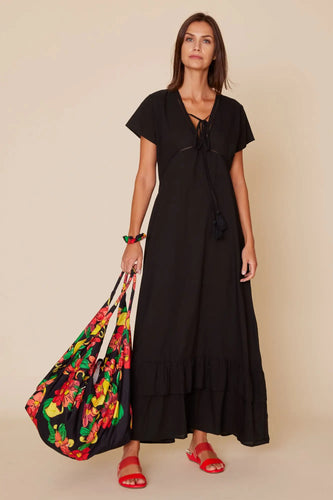 Brigida Black Flutter Sleeve Cotton Maxi Dress