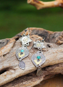 Sterling Silver Triple Charm Mandala Earrings with Turquoise Stone