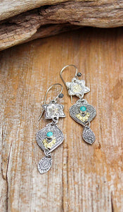 Sterling Silver Triple Charm Mandala Earrings with Turquoise Stone